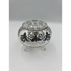 Viking Glass Vintage 3 Footed Rose Bowl Flower Frog Silver Overlay Floral Clear